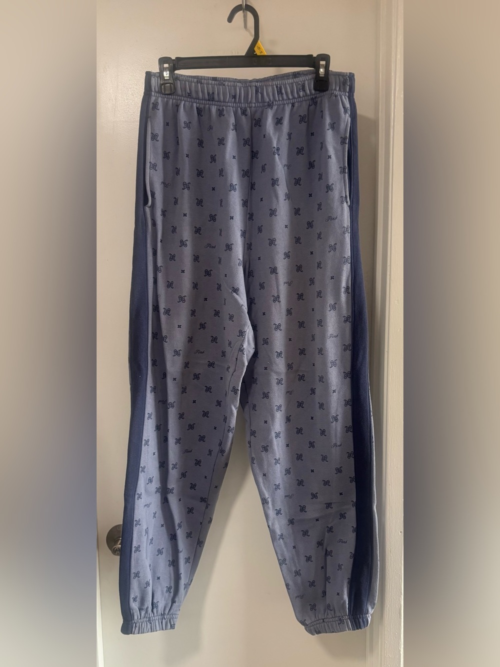 PINK Victoria's Secret Blue Logo-Print Joggers with Dark Blue Side Panels